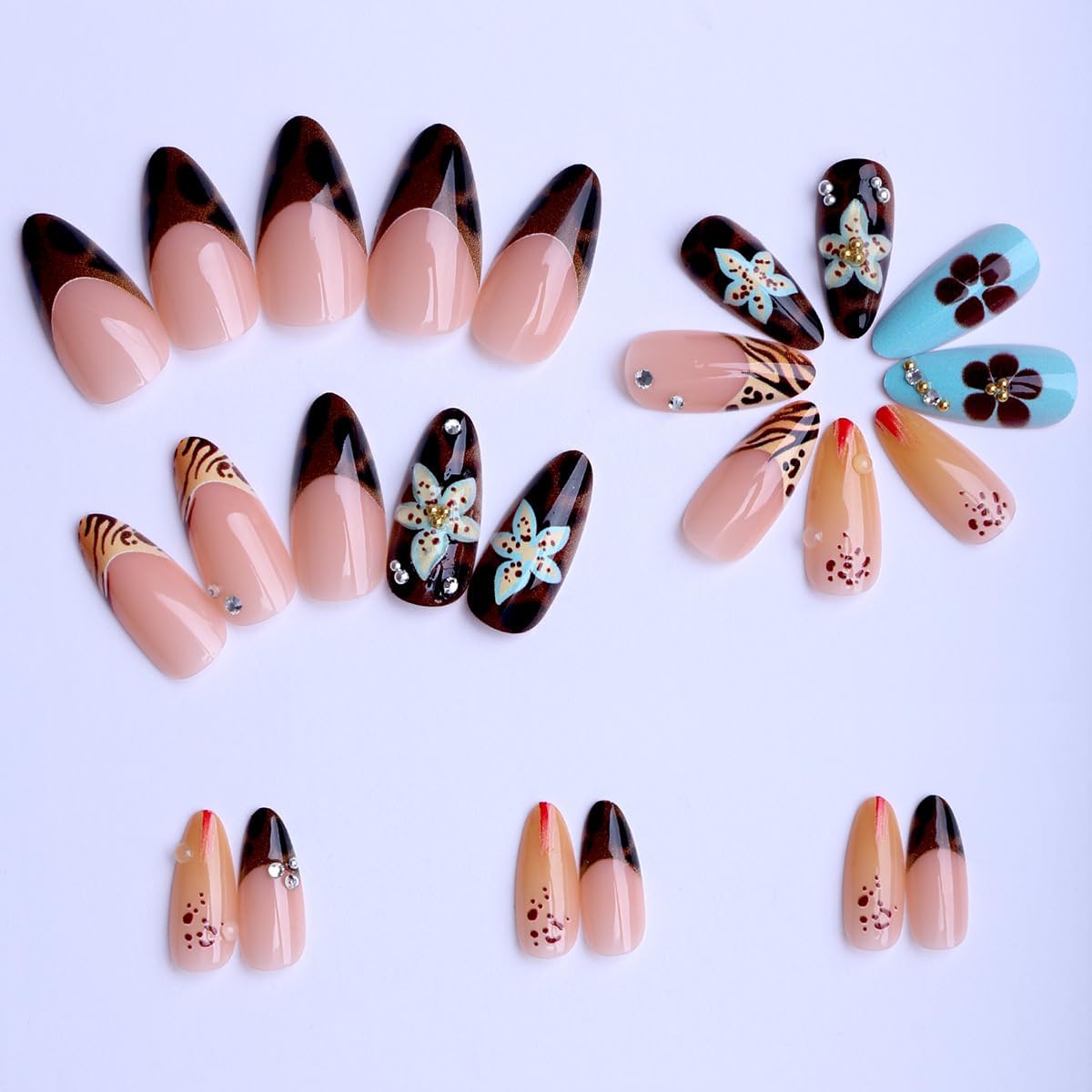 plalely Almond Press on Nails Long Colorful Fake Nailwith 3D Flowers Designs Acrylic Nail Press ons Sparkly Rhinestones Stick on Nails for Women 24pcs