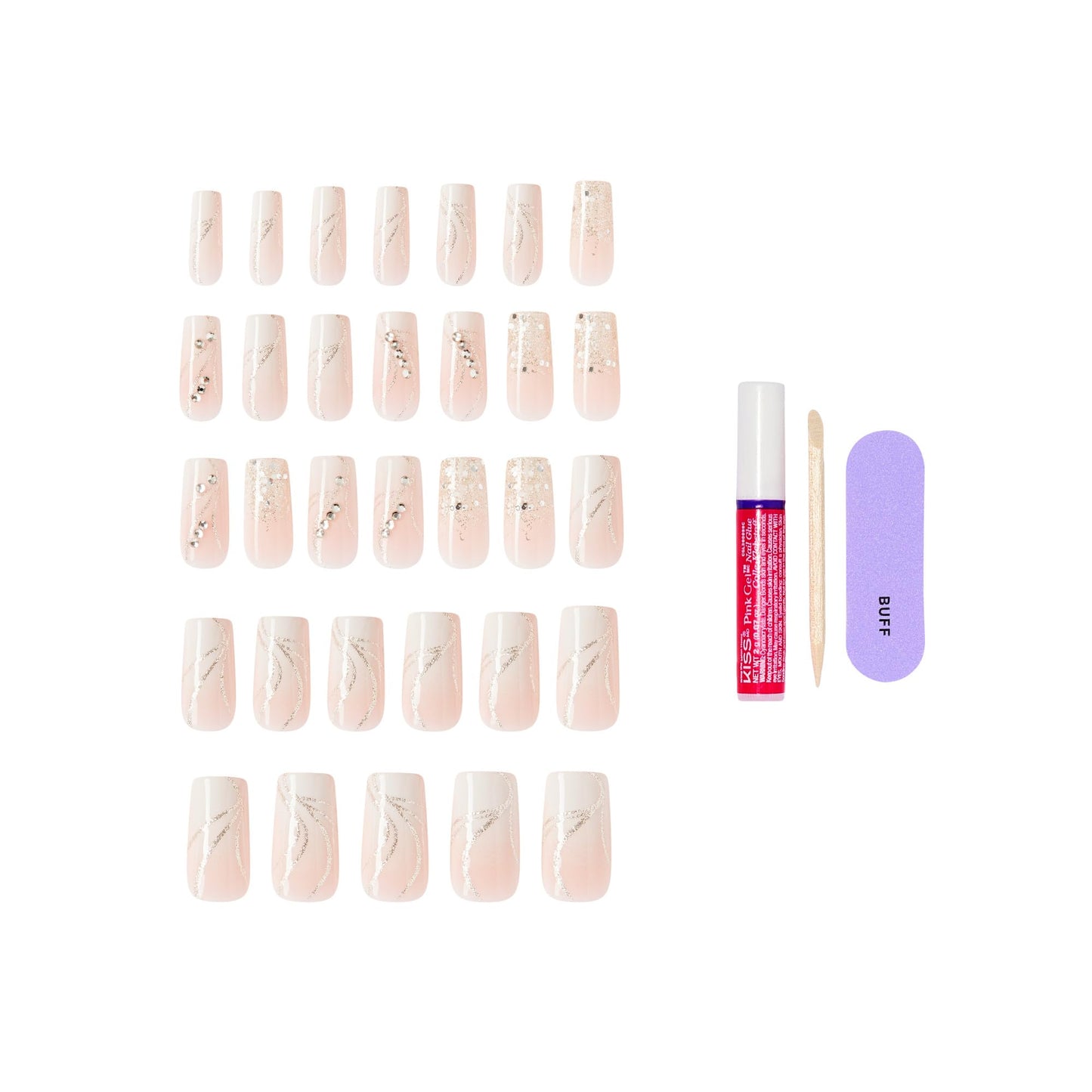 Kiss Glam, Press On Nails, Nail glue included, 'Wrapped in Beauty', Pink, Long Size, Square Shape, Includes 32 Nails, 2g Glue, 1 Manicure Stick, 1 Mini File