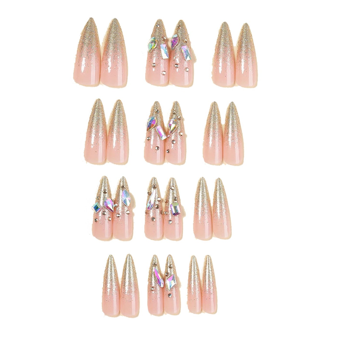 MERVF 24Pcs Long Stiletto Press on Gold Glitter French Tip Fake Nails with Ombre, Rhinestones Design Glue ons Acrylic Luxury Glossy Finish Manicure