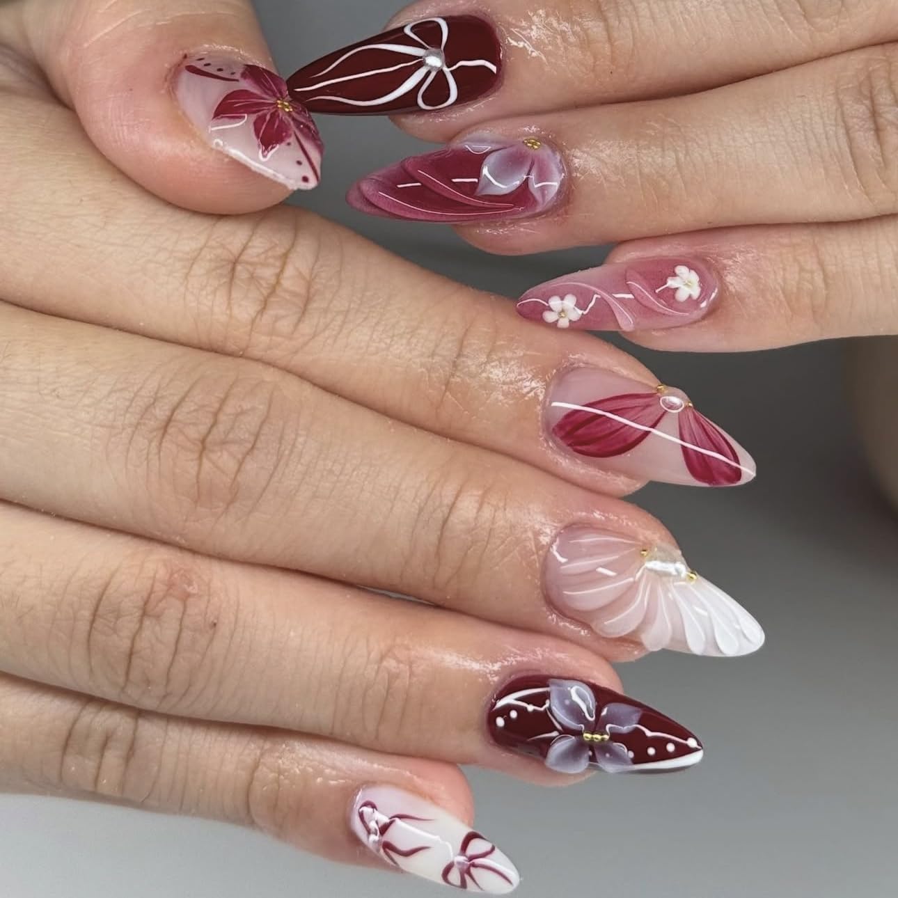 plalely Almond Press on Nails Long Wine Red Fake Nail3D Flowers Charm Acrylic Nail Press ons with Embossed Design Stick on Nails for Women 24pcs
