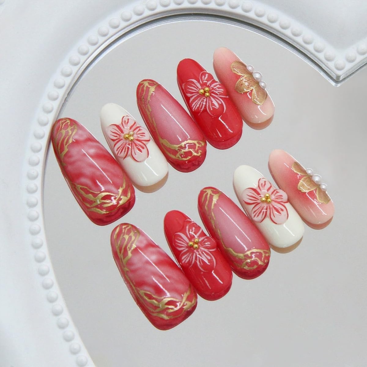 Almond Press On Nails - Medium Pink Gradientw th 3D Flowers Pearl Designs Gold Flower Fake Nails Glossy Finished Reusable False Nails with Glue Tabs - 30Pcs Nail Kit for Women Manicure