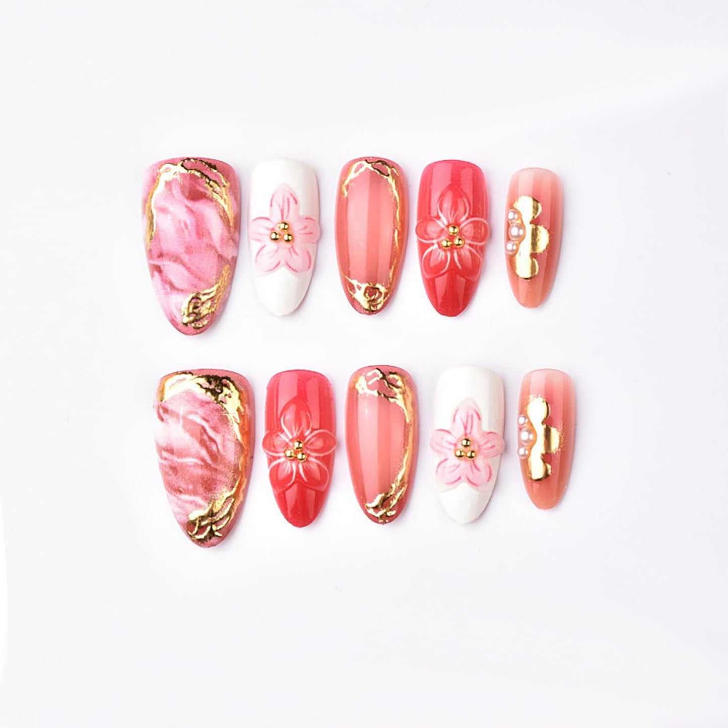 30Pcs Pink Press on Nails Medium Almond Fake Nails with 3D Flowers Pearl Designs Gold Flower False Nails Pink Gradient Acrylic Nail Tips Peach Blossoms Full Cover Stick on Nails for Women