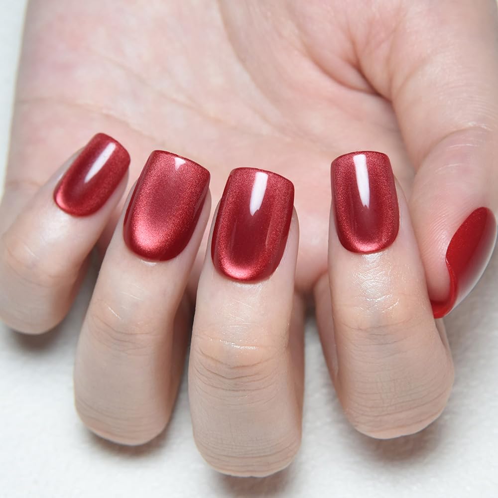 evpct Red Cat Eye Short Square Press on Nails No Glue for Women Gift, Red Short Square Stick on Nails with Cat Eye Design, Metallic Glitter Glossy Soft Fake Nail, Reusable Press on Acrylic Fake Nail