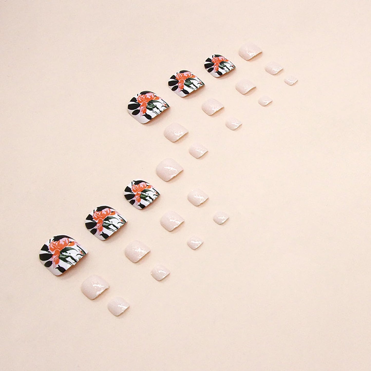 Press on Toenails with Flower Designs, Artificial Nude Fake Nails for Toe, Full Cover Glossy Coffin Acrylic False Nails, Glue on Toenails with Charm, Stick on Toe Nails for Women Girls(F110)