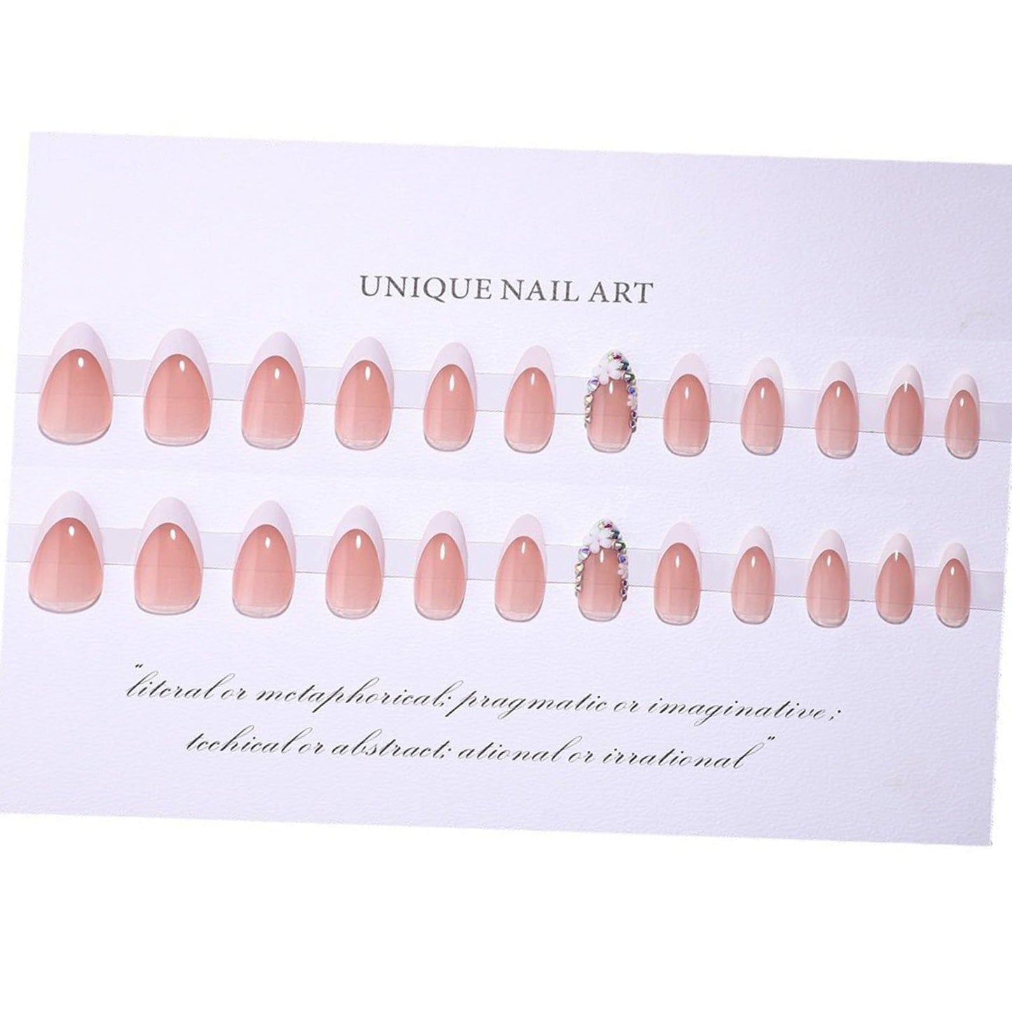 FJSMTOPl 3D Flower Press on Nails Almond Fake Nails Press ons French Tip False Nails with Desgins Rhinestones Acrylic Glue on Nails Artificial Stick on Nail for Women Manicure 24Pcs