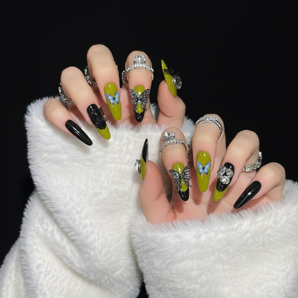 Handmade Press On Nails Green Butterfly Reusable Stick On Fake Nails Luxury Elegant Sexy Style For Women Gift With Nail Glue M