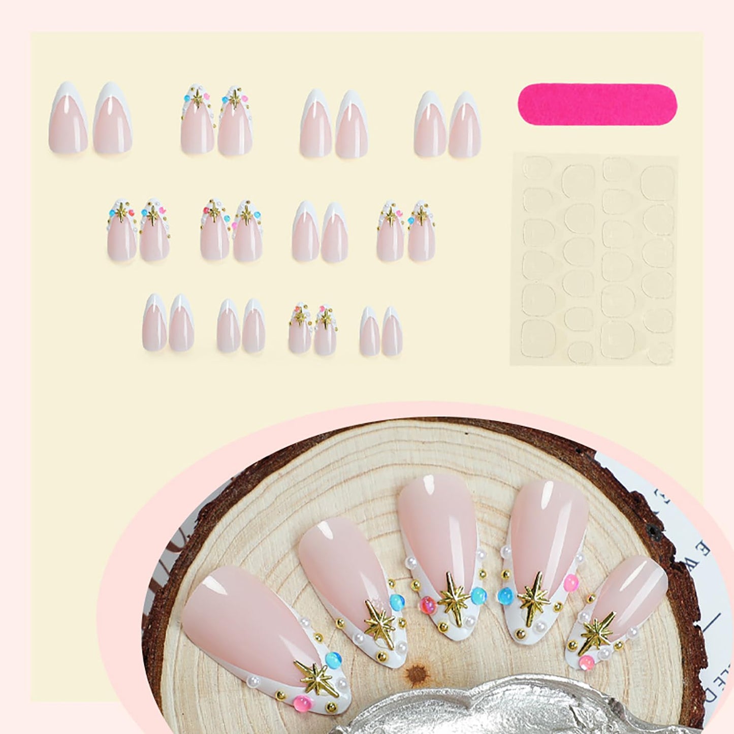 Rhinestones French Tip Press on Nails Medium Almond Shaped Colorful Diamond Design Full Cover Nude Almond Tip Press Ons False Nail Acrylic Artificial Fingernails Reusable Stick on Nails for Women
