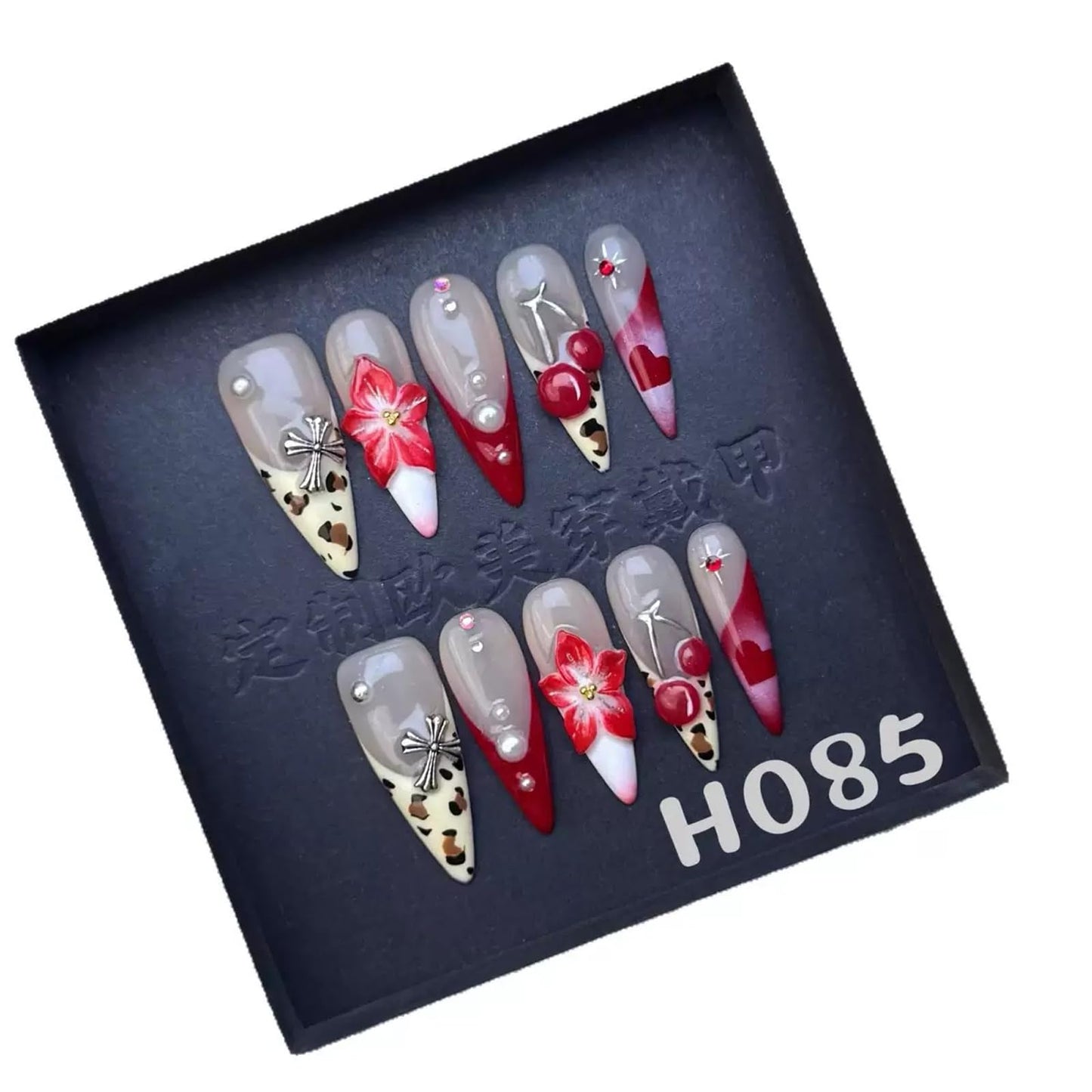 Handmade Press on Nails Long Stiletto Fake Nails Leopard French tips False Nails with Cheery Flower Design Red Heart Pearl Charms Handmade Nail Reusable for Women Girls Daily Wear Manicure Size L