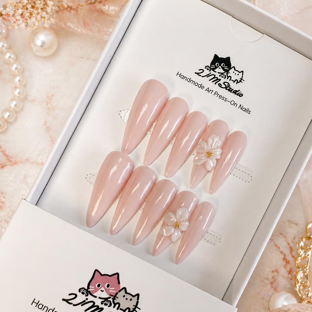 2IM Studio Handmade Press On Nails – 10 Piece Soft Gel Nail Kit with Glue & Tool Set, Reusable Artisan Nails, Salon-Quality Finish (Blush Petal-S)