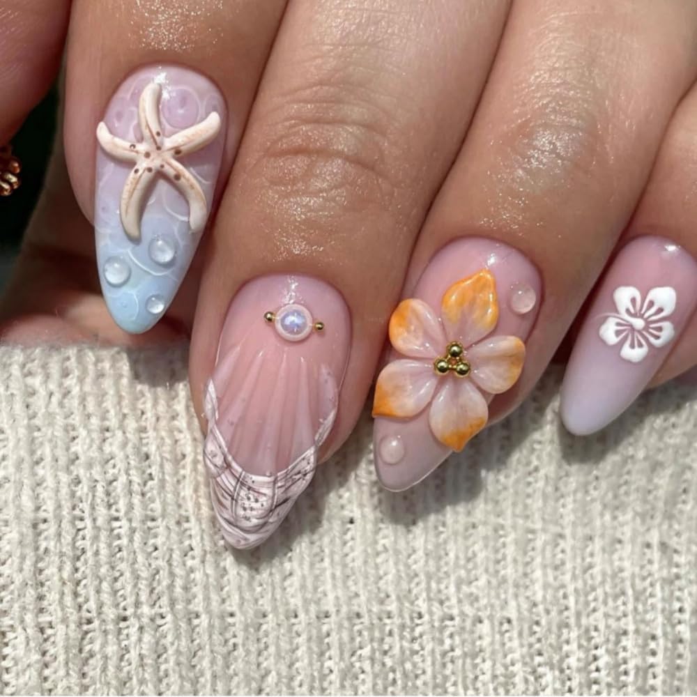 French Tips Press on Nails Medium Almond Fake Nails with 5D Flower Charm Design Glossy Ombre Pink Nails Press on Reusable Starfish Pearl False Nail Spring Summer Nail for Women Manicure 24Pcs