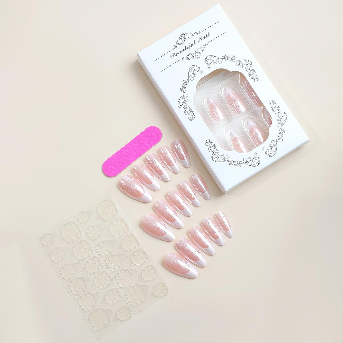 Chrome French Press on Nails Medium Almond Fake Nails French Tip Nails Press ons with Design Reusable Artificial Nail Full Cover Stick on Nails for Women Manicure 24Pcs