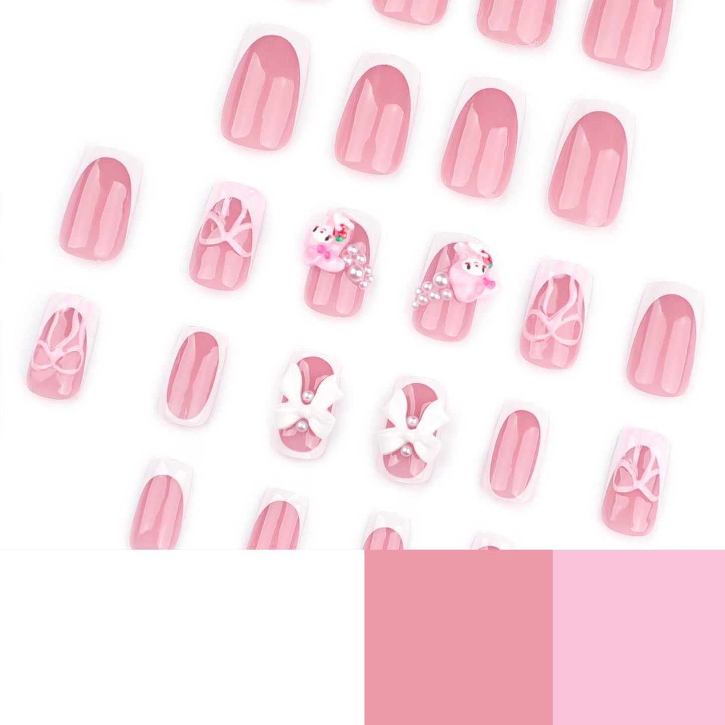 White French Tip Press on Nails Short with Charms Bow Pearl Design, Pink French Nails Press ons Cute False Nails Short Square Nail Art Full Cover Stick on Nails for Women Manicure Decorations 24Pcs