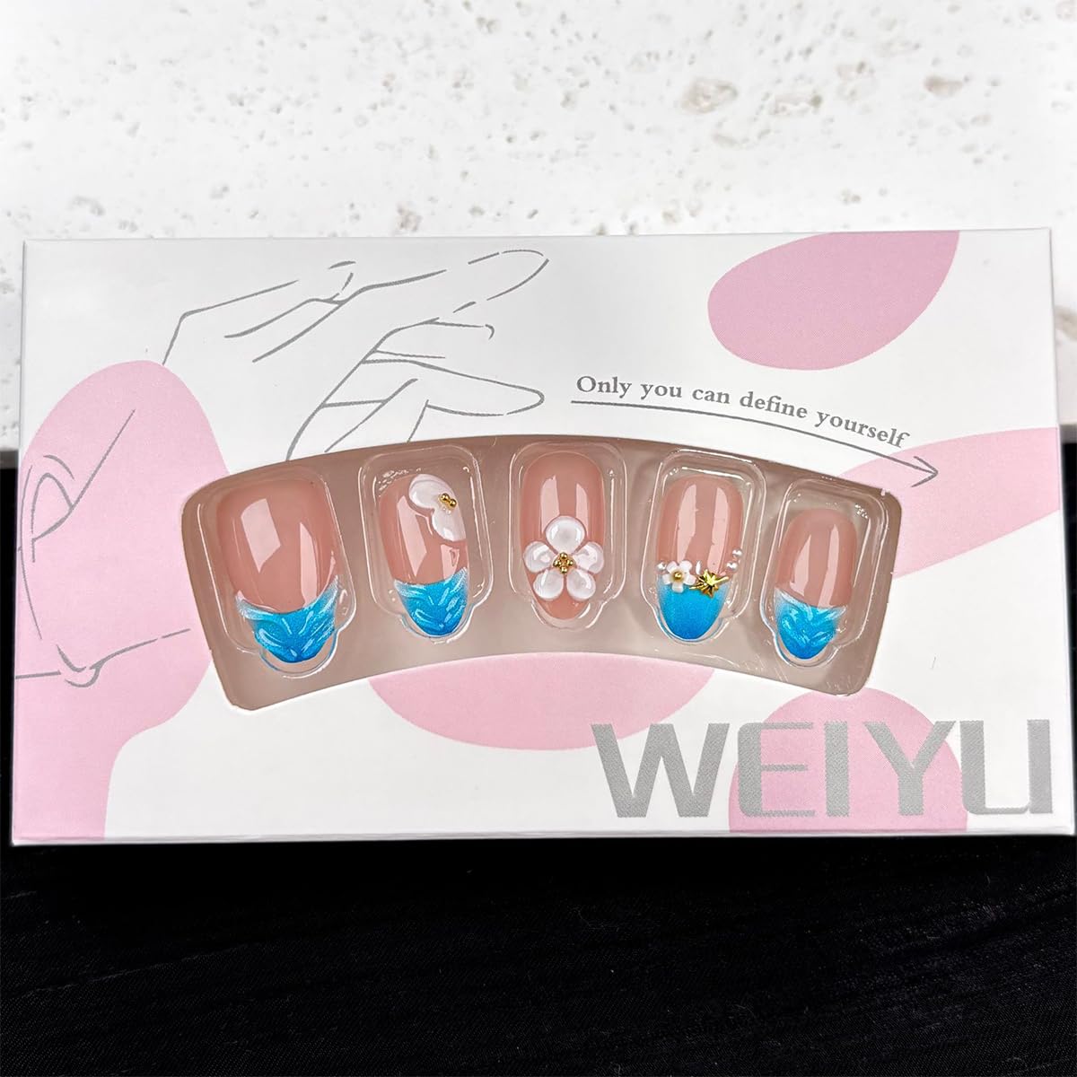 30Pcs Blue French Tip Press on Nails Short Almond Fake Nails with 3D Flower & Gold Rhinestones Design Nude Pink False Nail Full Cover Artificial Reusable Acrylic Nails Handmade Stick on Nail for Women