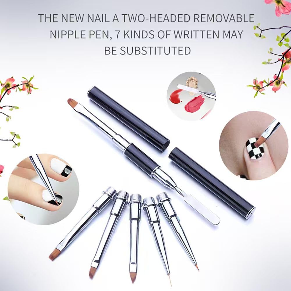 7-in-1 Nail Art Brush Set - Dual-Ended Stainless Steel Nail Tool with Spatula & Replaceable Brush Heads, Professional Acrylic & Gel Nail Brushes for Carving, Liner, Detail & Salon Manicure