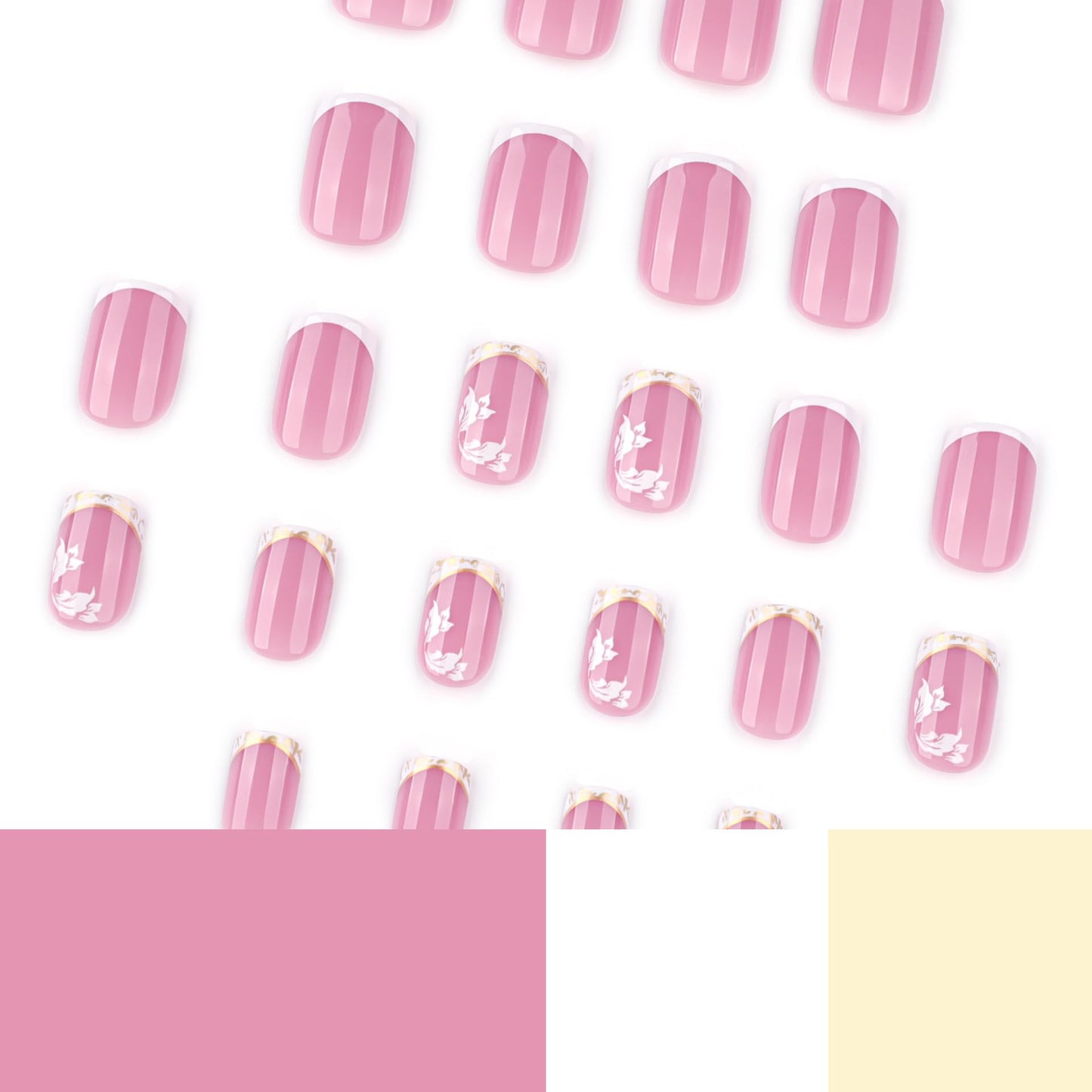 Square Press on Nails Short Fake Nails White French Tip False Nails Pink Glossy Glue on Nail with Flower Design Acrylic Nails Press ons Full Cover Stick on Nail for Women 24Pcs