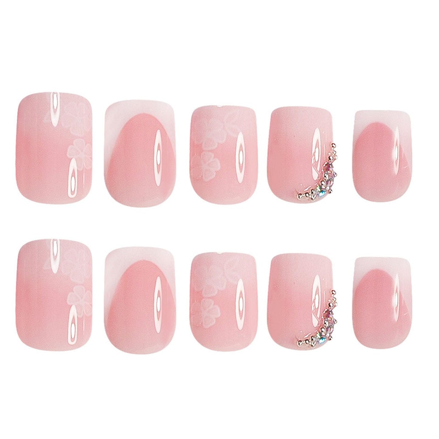 French Tip Press on Nails Short Square Fake Nails with Gradient Rhinestones Flower Designs Nails Press ons Pink White Ombre Glue on Nails Glossy Acrylic Nails Cute Stick on Nails for Women 24Pcs
