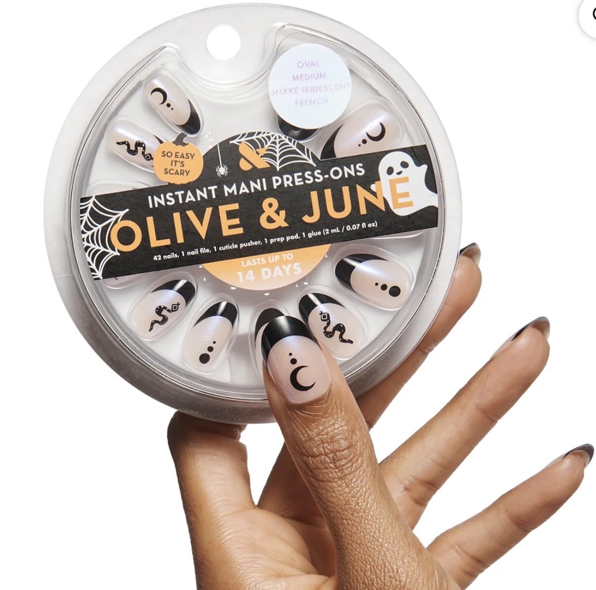 Olive & June Instant Mani Press-On Nails (Glue) | 42 Fake Nails, 21 Sizes | Non-Toxic, Long-Lasting Recycled Materials Realistic Look | Salon-Quality at Home | Medium, Oval | Snake Iridescent French