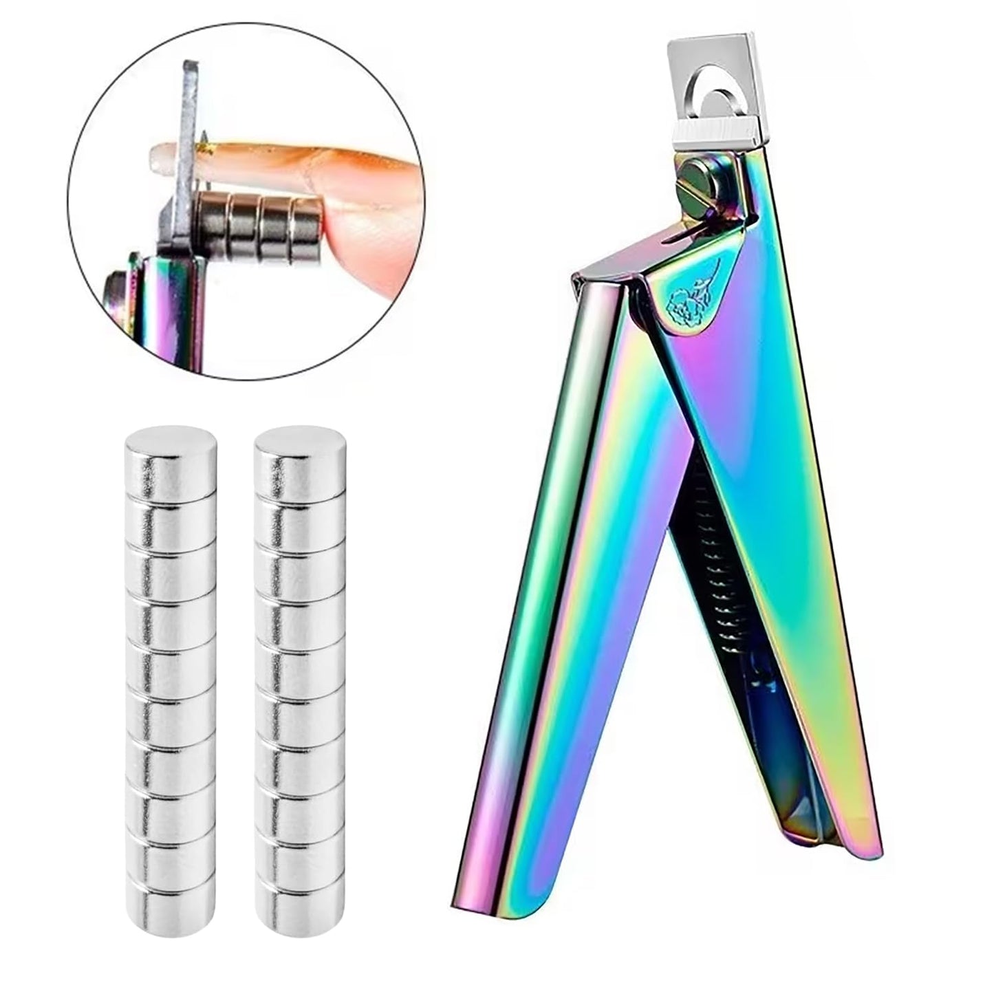 Iridescent Acrylic Nail Clipper with 20Pcs Magnets Set - Professional Stainless Steel False Nail Tip Cutter & Magnetic Nail Art Tool Kit for Manicure, Salon & DIY Nail Art