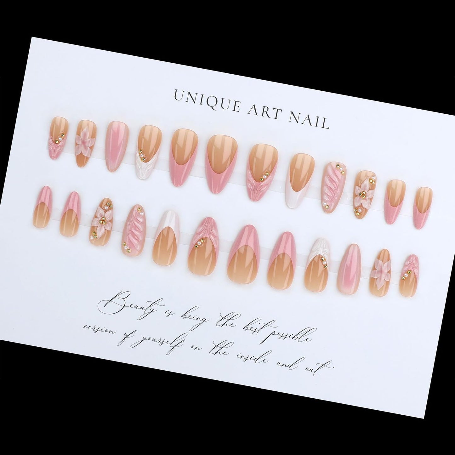 French Tip Press on Nails Medium Almond Fake Nails with 3D Floral Desings Pink Flower False Nails Press ons Glossy Full Cover Glue on Nails Spring Summer Acrylic Nails for Women
