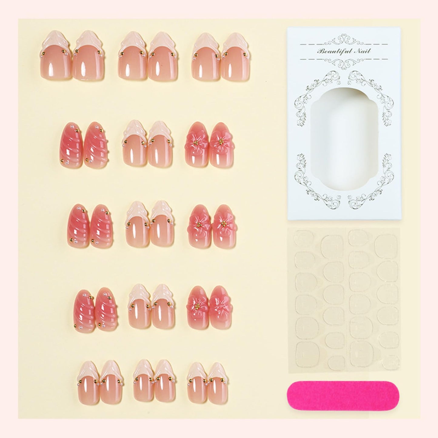 3D Flower Medium Almond False Nails HZJXRT Press on Nails 24 Pcs Curve Line Acrylic Fake Nail Blush Gradient Gel Glue on Nail Glossy White French Tips Stick on Fingernail for Coquette Women Gift