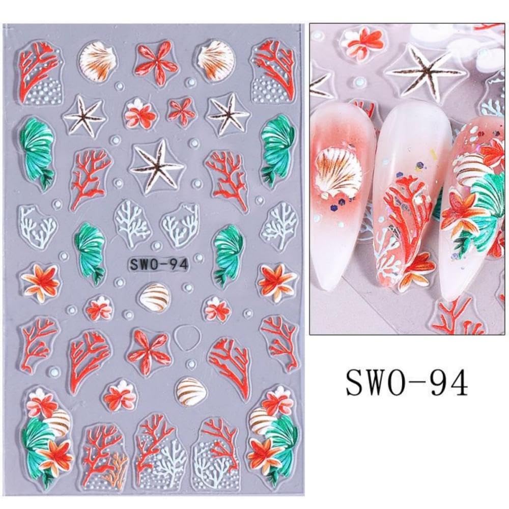 Flower Nail Stickers 5D Embossed Pearl Ocean Nail Decals 3D Self-Adhesive Summer Nail Art Stickers Coral Nail Designs Butterfly Beach Nail Art Decoration for Women Girls DIY 4 Sheets