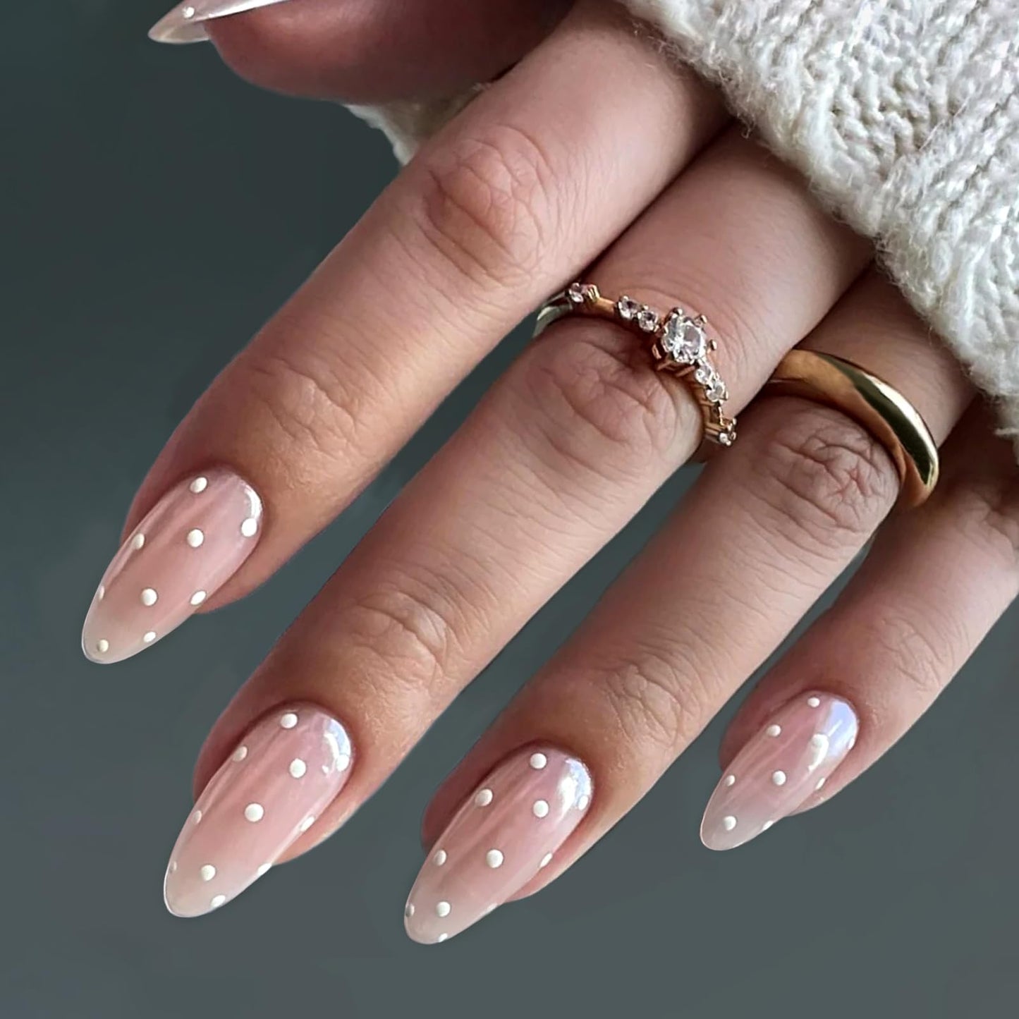 HOSAILY Chrome Polka Dot Press on Nails Medium Almond, 30pcs Handmade Nude Pink Glaze Aurora Fake Nails with Iridescent Shimmer Design, Glossy Elegant Pretty Daily Wear Valentine Press ons for Women