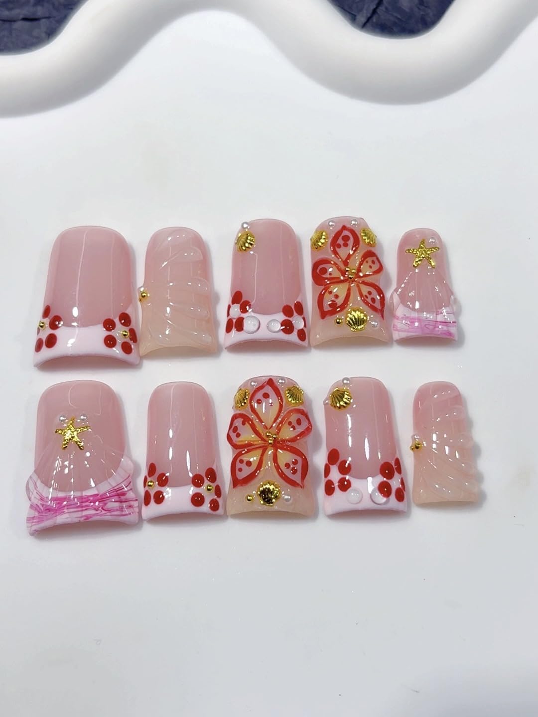 Haozerart Handmade Press on Nails Short Square Duck French Tip Fake Nails, Luxury Pink with 3D Flowers & Gold Rhinestones Glossy Cute False Nails for Women, 10 Pcs Size M