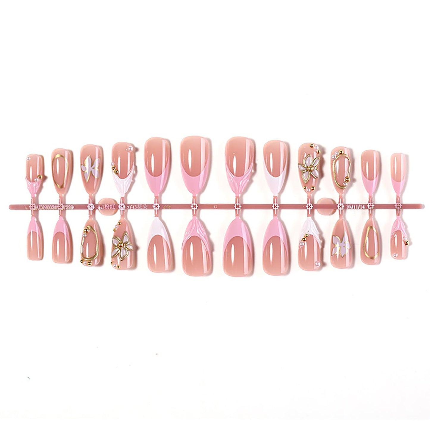 Flower Press On Nails Medium Almond Spring Fake Nails With 3D Flower Pearls Design French Nail Press Ons Gold Hollow-Out Pink Stick On Nails Glossy Summer Acrylic Glue On Nails For Women 24Pcs