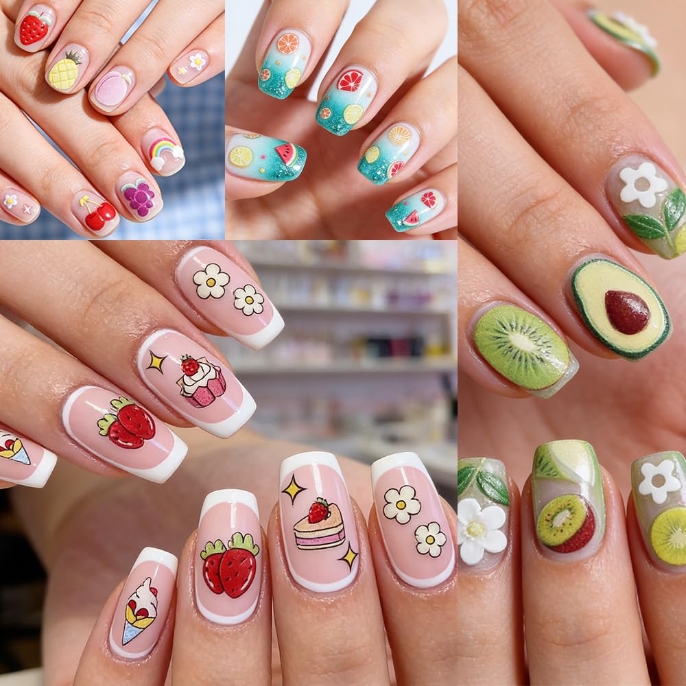 6 Sheets Fruits Nail Stickers for Nail Art Summer, 3D Self-Adhesive Nail Decals with Strawberry Cherry Pattern, Nail Supplies Nail Art Design Accessories for Women and Girls Manicure DIY Decoration