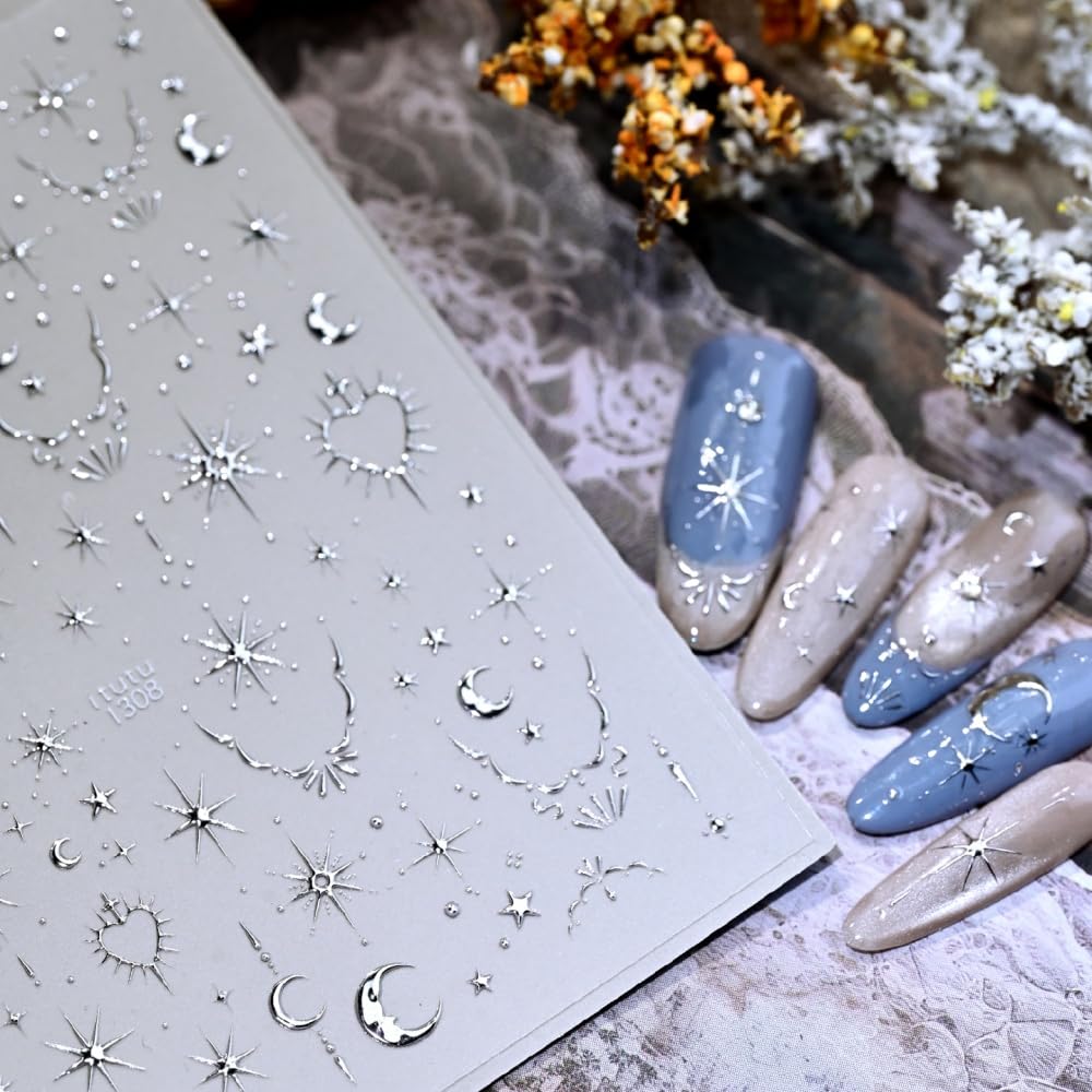 Silver Nail Stickers 5D Embossed Star Moon Nail Decals Cute Hearts Nail Designs Galaxy Sun Nails Supplies Self Adhesive Golden Goth Valentines Gel Nail Decals Stickers for Women DIY Manicure 1 Sheet