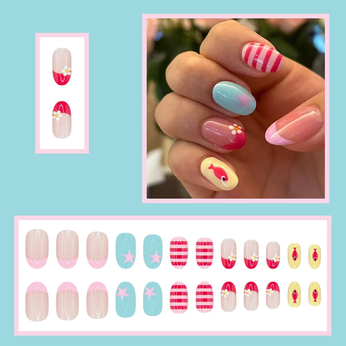 24 Pcs French Tip Press on Nails Short Oval WLGDLH Fake Nails, Summer False Nails Press ons with Ocean Small Fish Star Flower Striped Design, Nude Base Glue on Nails for Women Manicure, Glossy Finish