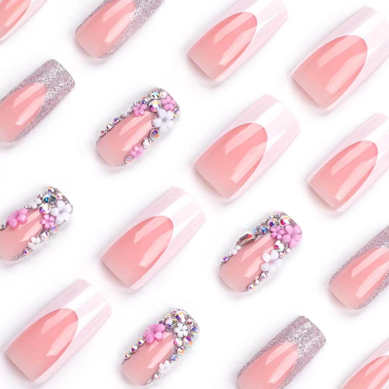 Medium Press on Nails Square - White French Tip Fake Nails with Floral Charms Design - Rhinestone Glitter Full Cover Stick on Nails for Women 24 Pcs