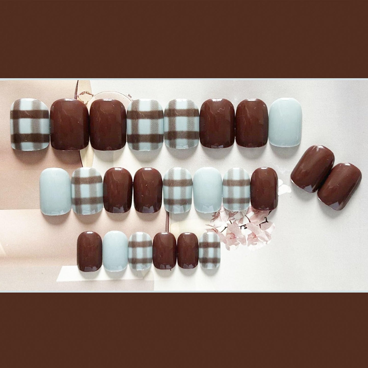 24Pcs Women Press on Nails Square Fake Nails Short Burgundy Nail Press ons Light Blue Glue on Nails with Lattice Lines Designs Winter Glossy Artificial Stick on Nails for Girls