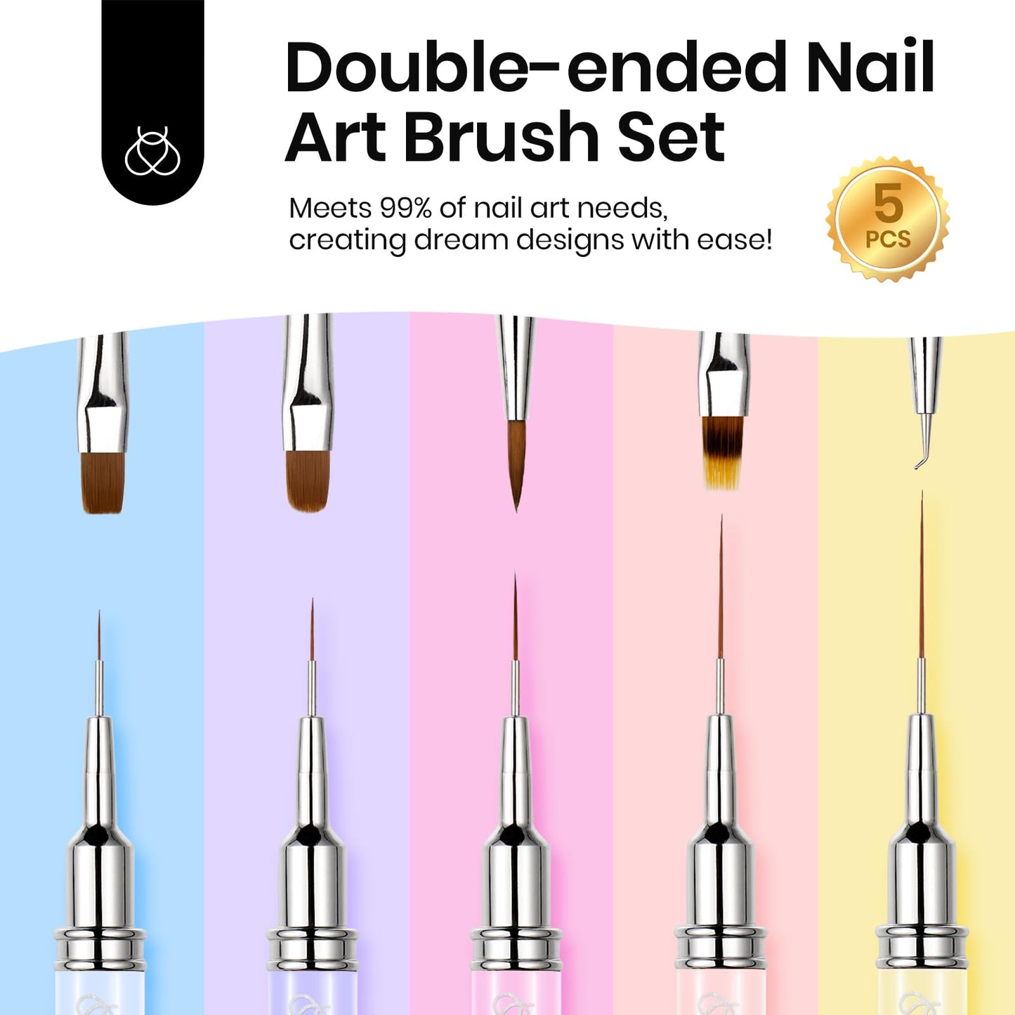 Beetles 7 Pc Double-ended Nail Art Brushes Set - Synthetic Fibers - Gel Polish Design Pen Liner, Flat, Oval, Petal, Gradient, Dotting Brushes - DIY Nail Art Kit - Gifts for Women