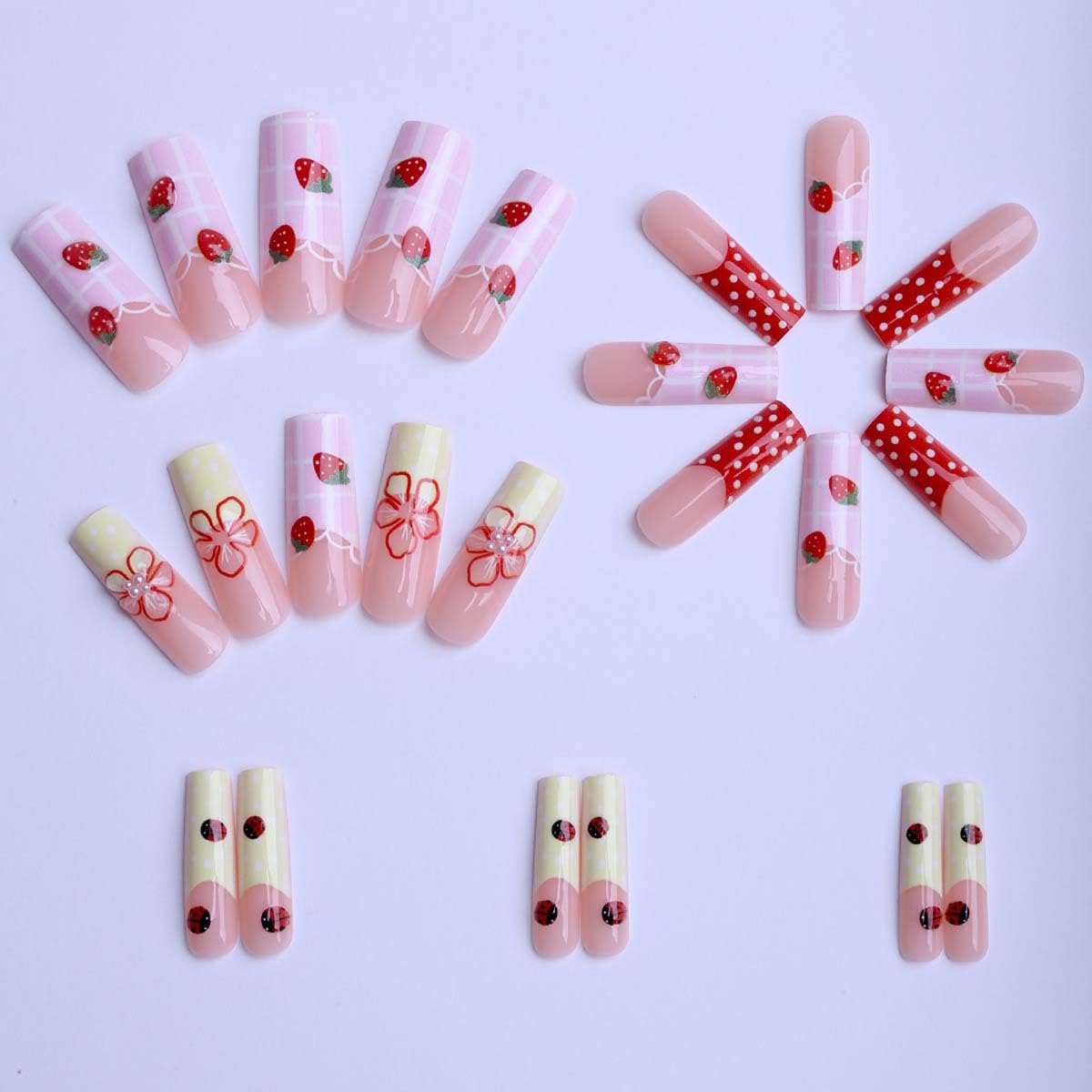 LINMEIZAI 24Pcs French Press on Nails Medium Square 3D Strawberry Fake Nails Press ons Nail Tips, Lines Stick on Nails Acrylic Nails Kit False Nails Pearl Design Nail Art for Women Flowers Manicure