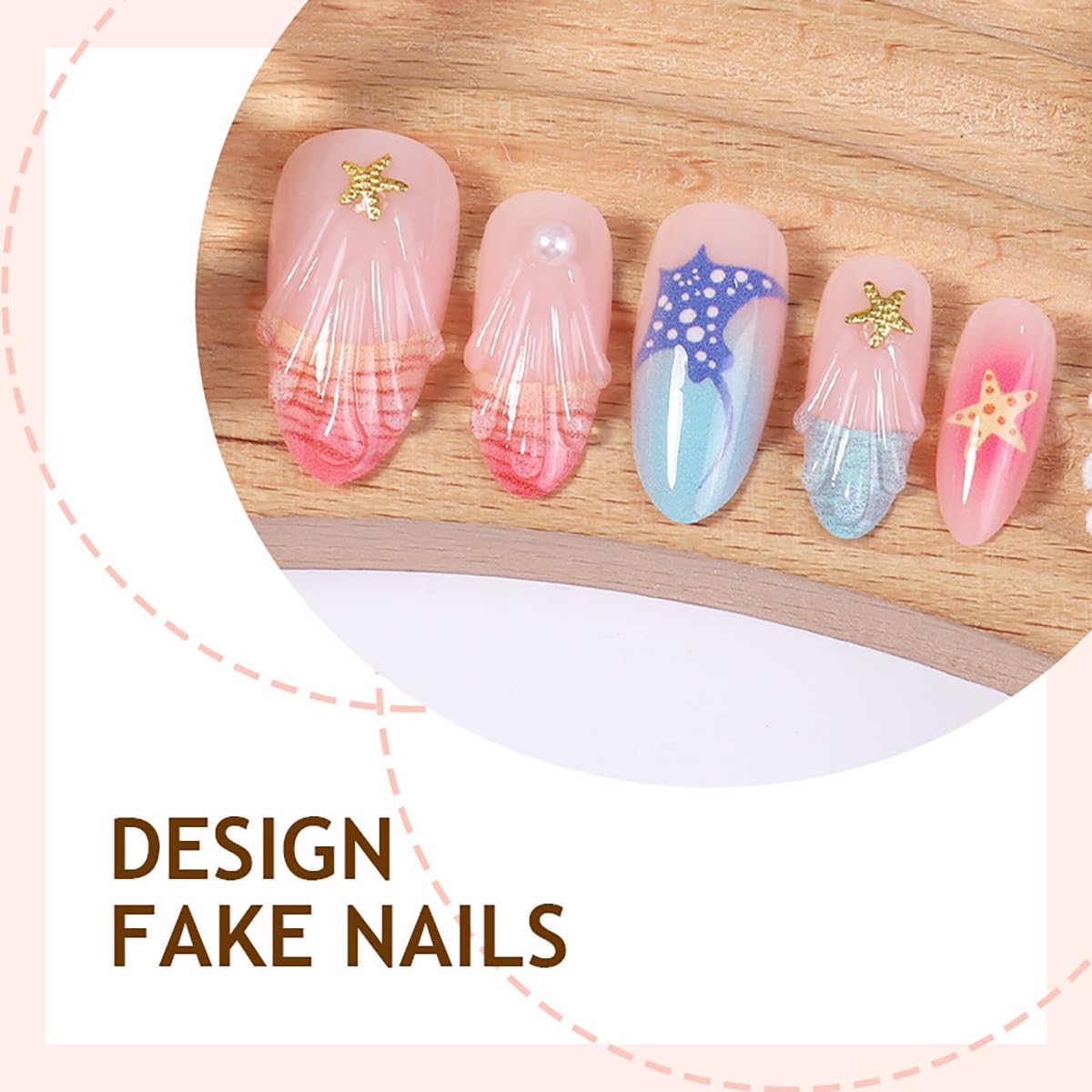 24Pcs Medium Almond Press on Nails Blue French Tip Fake Nails 3D Gold Starfish Shell Press ons with Pearl Glitter Glue on Nails Summer Beach False Nails Cute Stick on Nails for Women Girl Acrylic Nail
