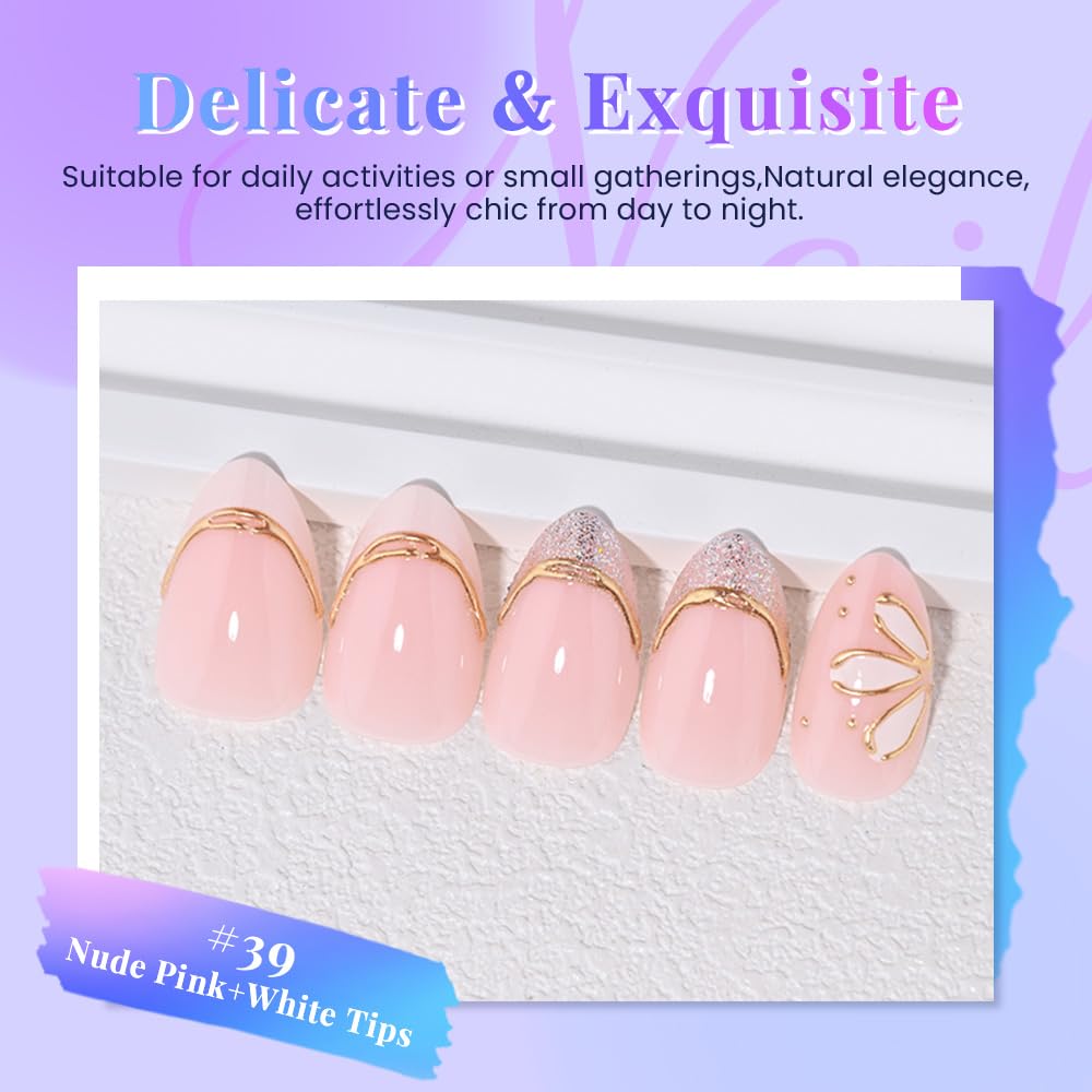 evpct Nude Pink Glitter Press on Nails Short Almond No Glue, Glitter Gold Line French Tip Stick on Nail for Women Gift, Reusable Full Cover Soft Press on Acrylic Fake Nail with 3D White Flower Design