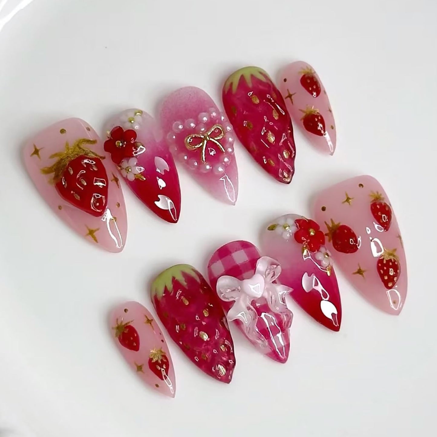 Almond Press on Nails Medium SWEKKE Fake Nails Aesthetics False Nails with Strawberry Bow Flower Designs Full Cover Glossy Glue on Nail Acrylic Nails for Women Girls 24Pcs