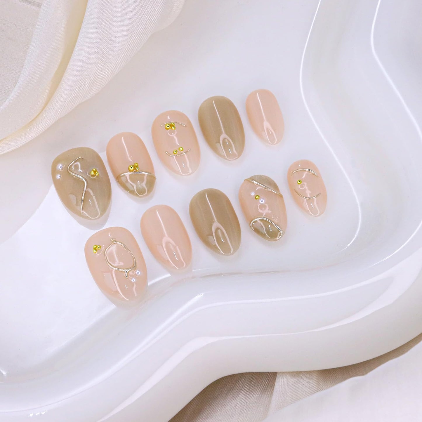 Handmade Press on Nails Short Length Thick Acrylic Nails Glitter False Nails with Steel Ball & Pearl Designs Almond Shaped Fake Nails French Full Cover Stick on Nail for Women (Size S）