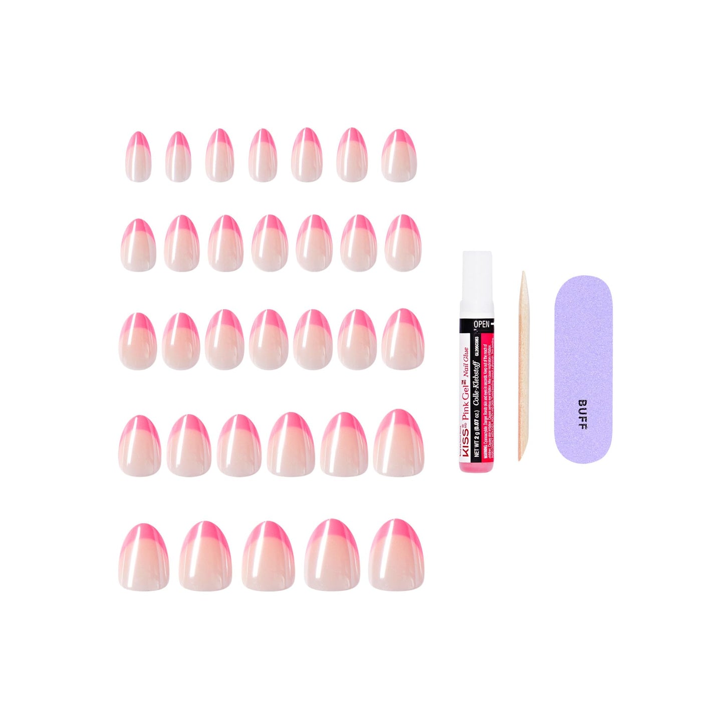 Kiss CORE, Press On Nails, Nail glue included, 'Shining Bright', Pink, Short Size, Almond Shape, Includes 32 Nails, 2g glue, 1 Manicure Stick, 1 Mini File
