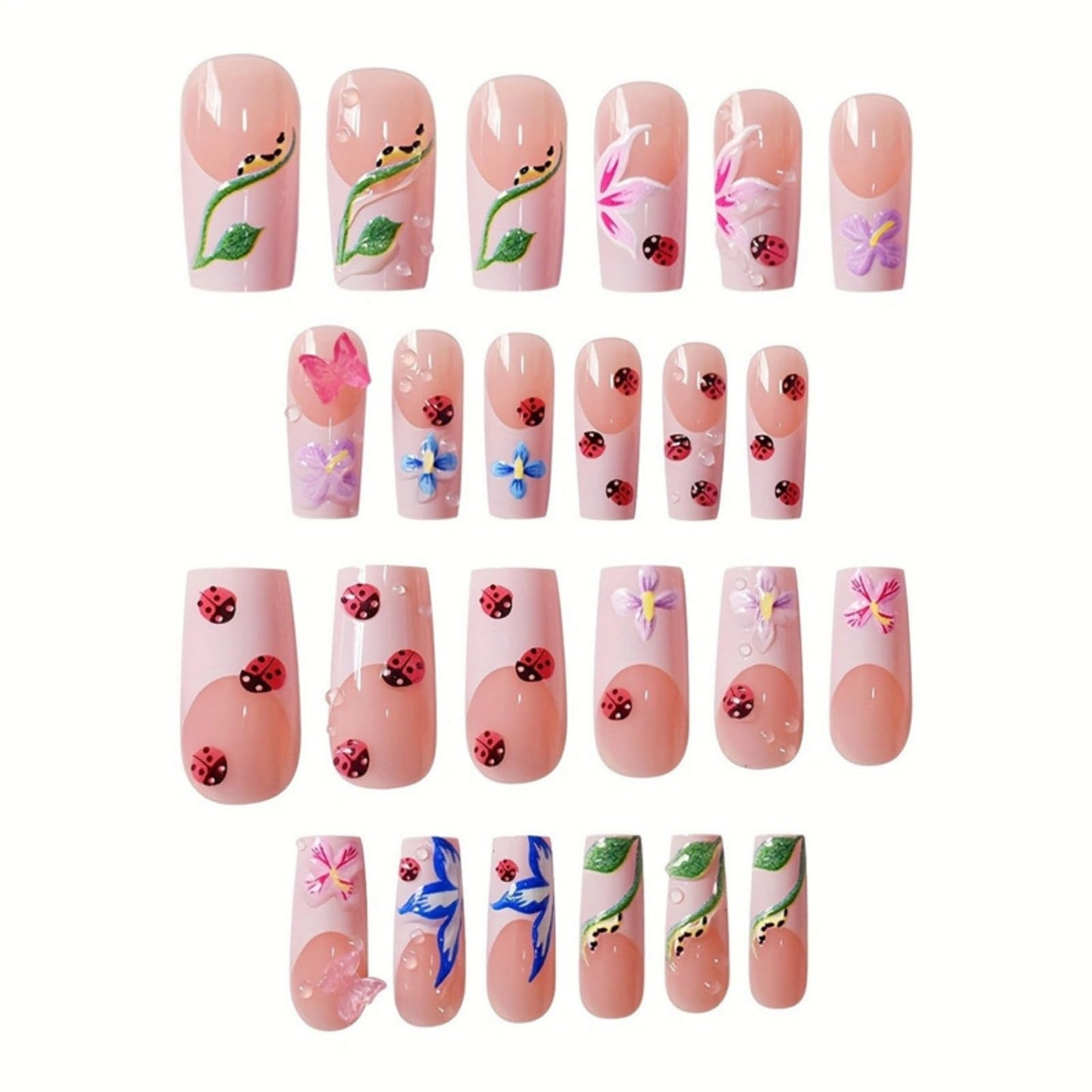Square Press on Nails Long Fake Nails French Tip White Artificial Nail with 3D Flowers Designs Cute Pink Floral Stick on Nail for Women 24pcs