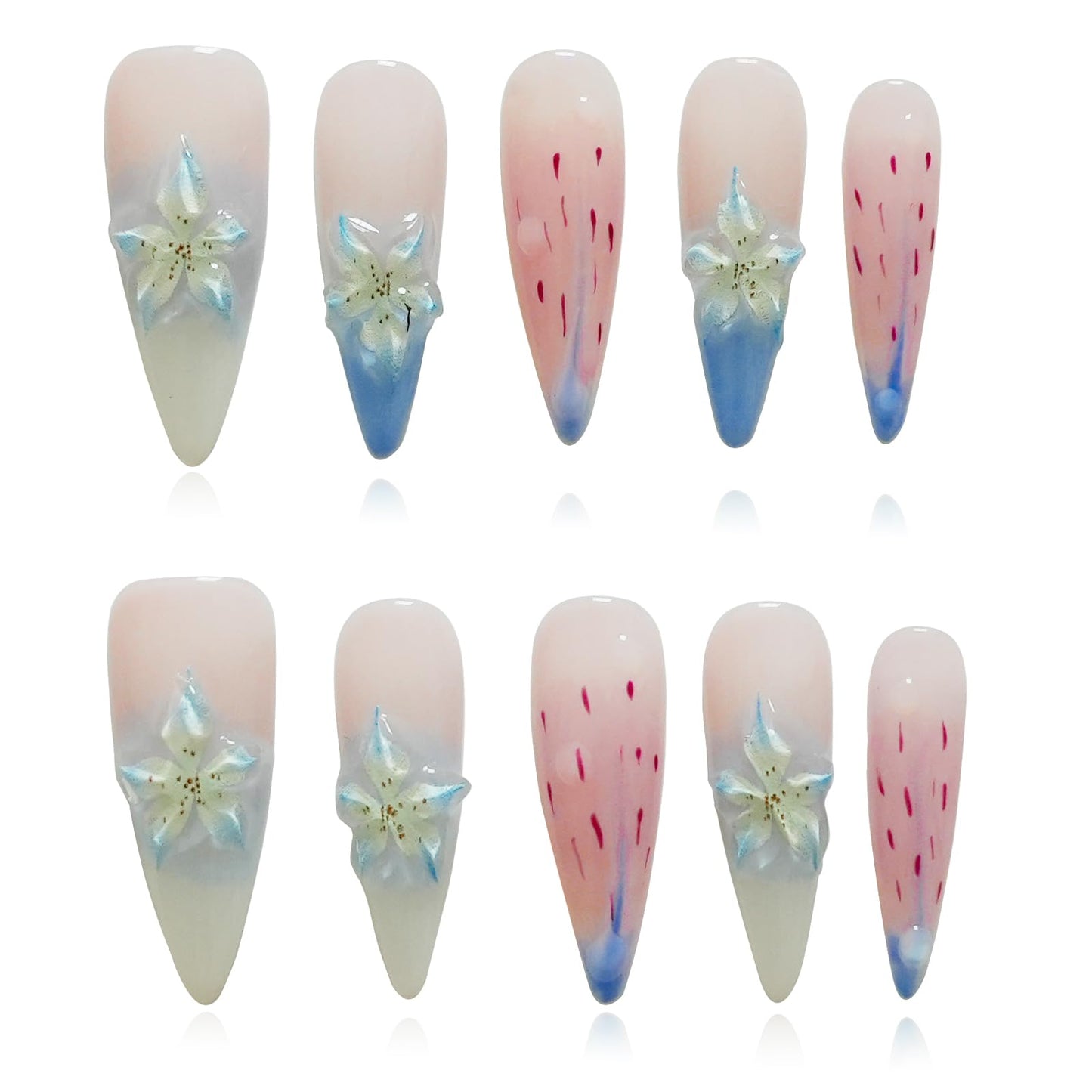 Tesytto 3D Floral Press On Nails Long Stiletto Fake Nails – Elegant Handmade Ombre Nail Art with Lilies Flowers Designs, Multi-Layer Gel Reusable Acrylic Nails for Women (3D Lily Ombre, S)