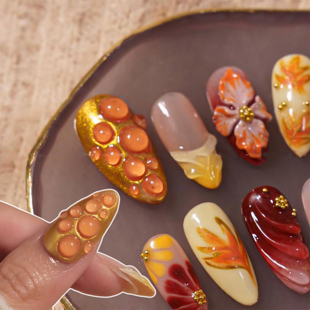 30Pcs 3D Fall Press on Nails Medium Almond Maple Leaf Fake Nails Handmade Acrylic Nails Autumn Flower Rhinestones Glue on Nail French Tip False Nails Thanksgiving Gold Leaves Artificial Nail Decor
