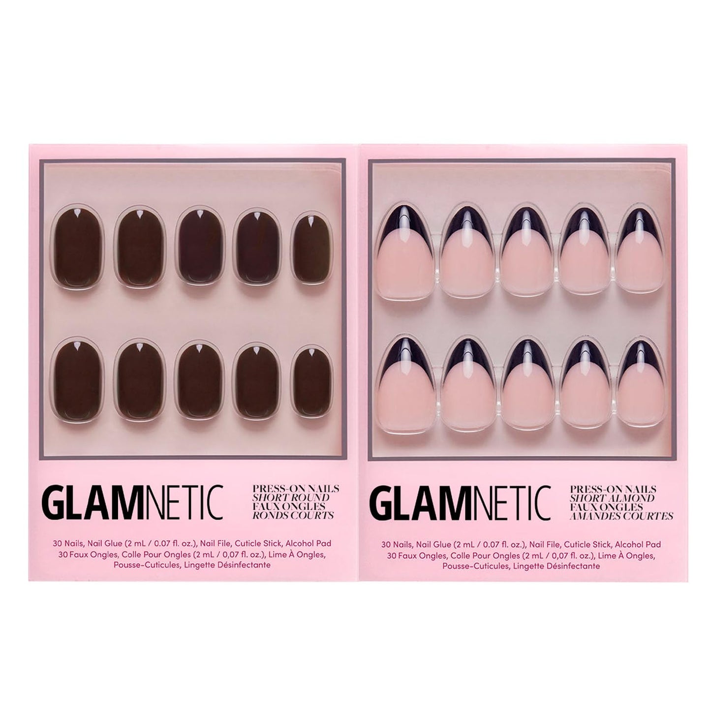 Glamnetic Press-On Nails Bundle - Bark Brown & Caviar | Dark Brown Short Round False Nails | Short Almond Black French Tip False Nails | Reusable, Salon-Quality Nail Kits