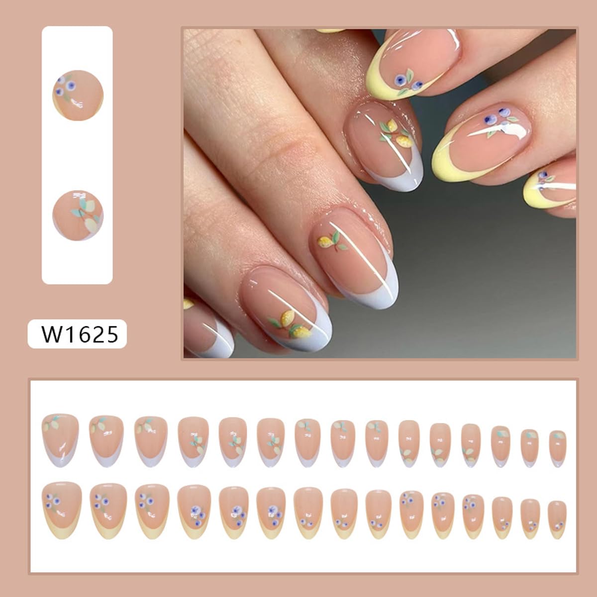 Fruit Press on Nails Short Almond Fake Nails Blue Yellow French Tip Nails Press ons with Blueberry Lemon Design Reusable Artificial Nails Full Cover Stick on Nails for Women Manicure 24Pcs
