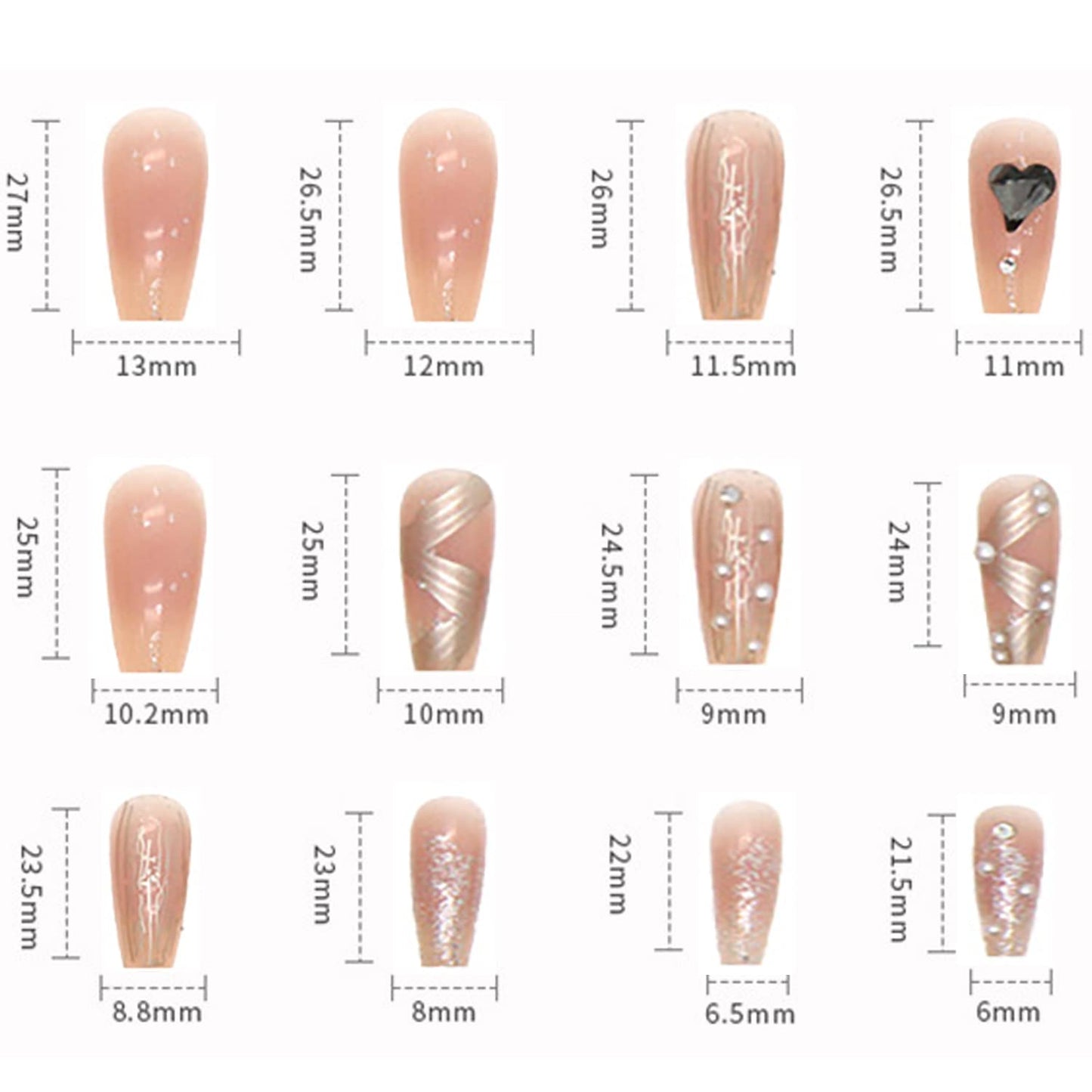 Press on Nails Square Medium Length, Artificial Acrylic Fake Nails with Heart Rhinestone Pearl Designs, 24Pcs Full Cover Reusable Coffin False Nails, Women Glue on Nails, Stick on Nails for Nail Art