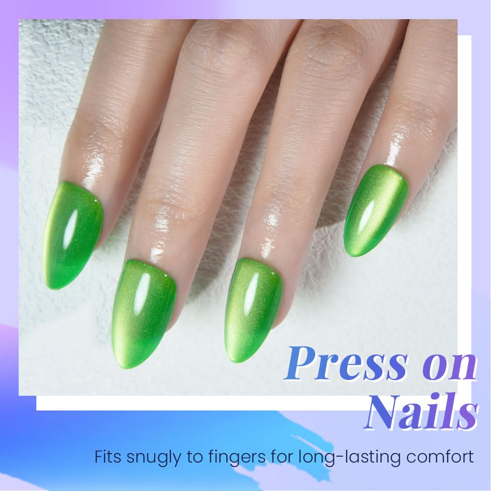 evpct Rich Green Cat Eye Press on Nails Short Almond, Short Almond Stick on Nails for Women Gift, Rich Green Glossy Fake Nail Reusable Press on Acrylic Fake Nail with Holographic Cat Eye Design