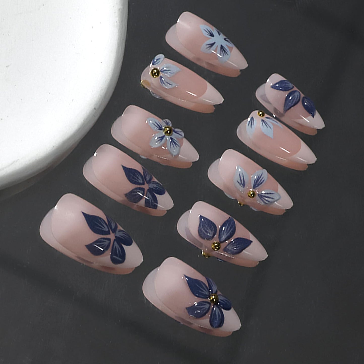 VOTACOS Almond French Tip Press on Nails Medium Blue Nude Acrylic Fake Nails Press Ons with Designs 3D Bead Flower Glue on Nail for Women 24PCS Glossy Floral Reusable Artificial Stick on False Nail