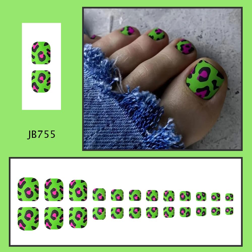 Red Black Leopard Press on Toenails Short Square Glue on Toenails with Green Design Summer Fake Toe Nails Spring False Toenail Reusable Full Cover Stick on Toenail for Women Girls Manicure 24Pcs
