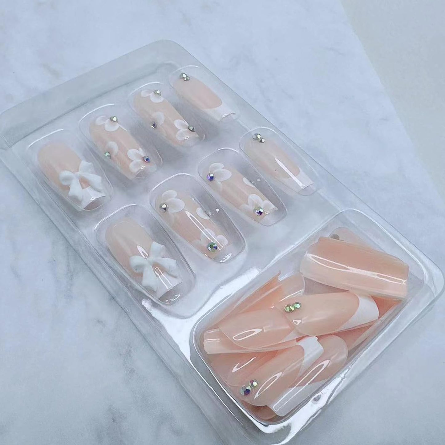24pcs French Tip Press on Nails Medium Length Fake Nails Flower with 3D Flower Bow Charms Acrylic Nails Press ons Design Glossy Pink False Nails Cute Stick on Nails for Women Manicure Tips
